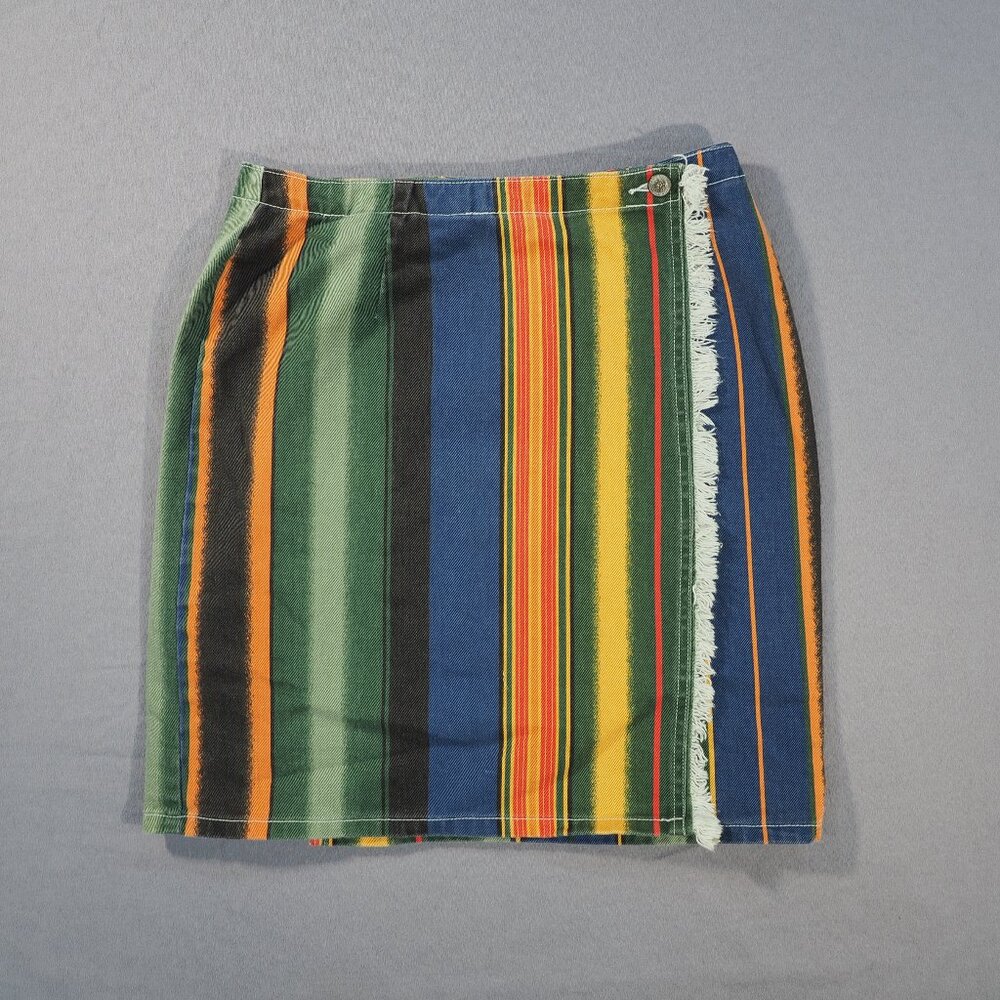 Vintage Gitano Skirt Women 11 12 Green Blue Stripe Wrap Raw Edge Hippie Retro